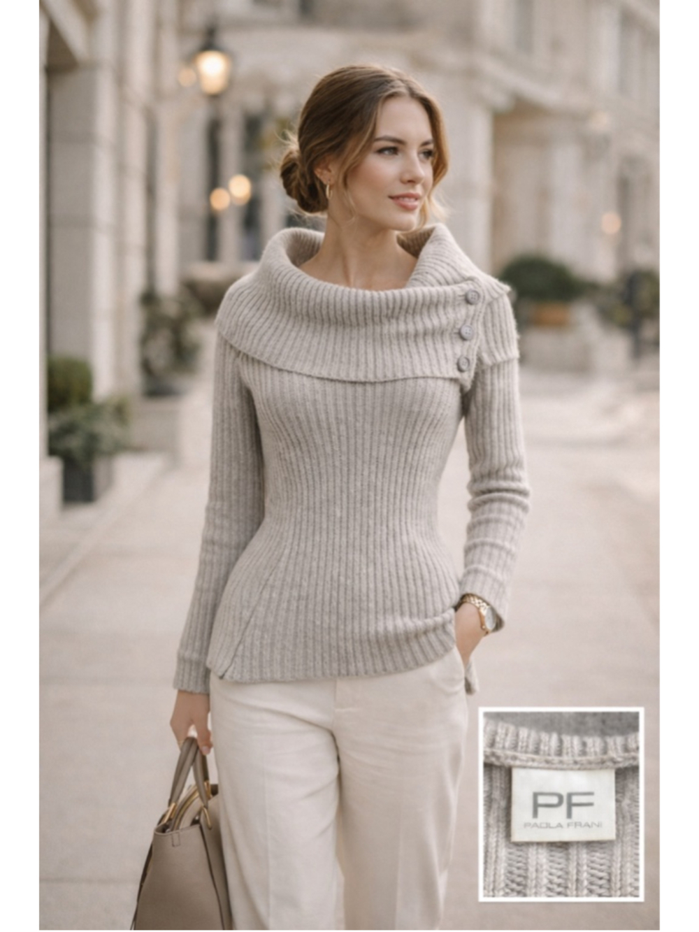 Paola Frani Sweater W S Ribbed Cowl Neck Quiet Luxury Corpcore Neutral Gray